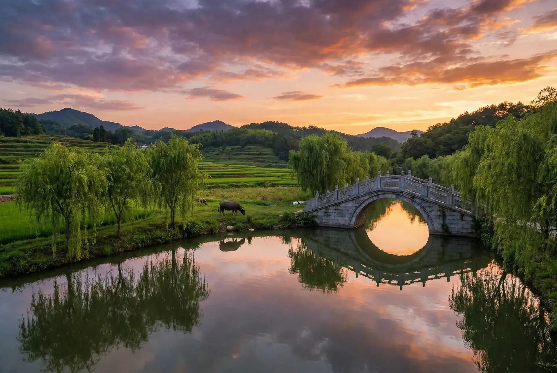 夕阳下的石拱桥与垂柳，水牛在河边吃草 - 51黑料网吃瓜 乡村美景